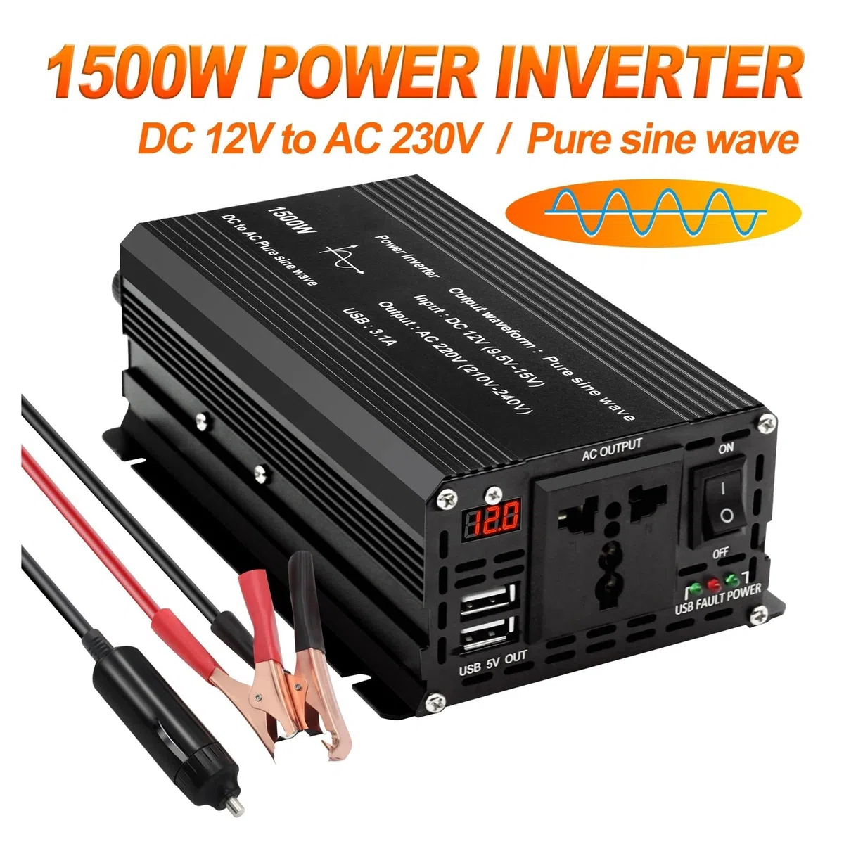 Convertidor Inversor Transformador Inversor Onda Sinusoidal Pura 1000W/1500W/2200W/2600W/3000W CC 12 V A CA 220 V Voltímetro LED Transformador Enchufe Universal UE(12V 60Hz,Universalm,2200W)