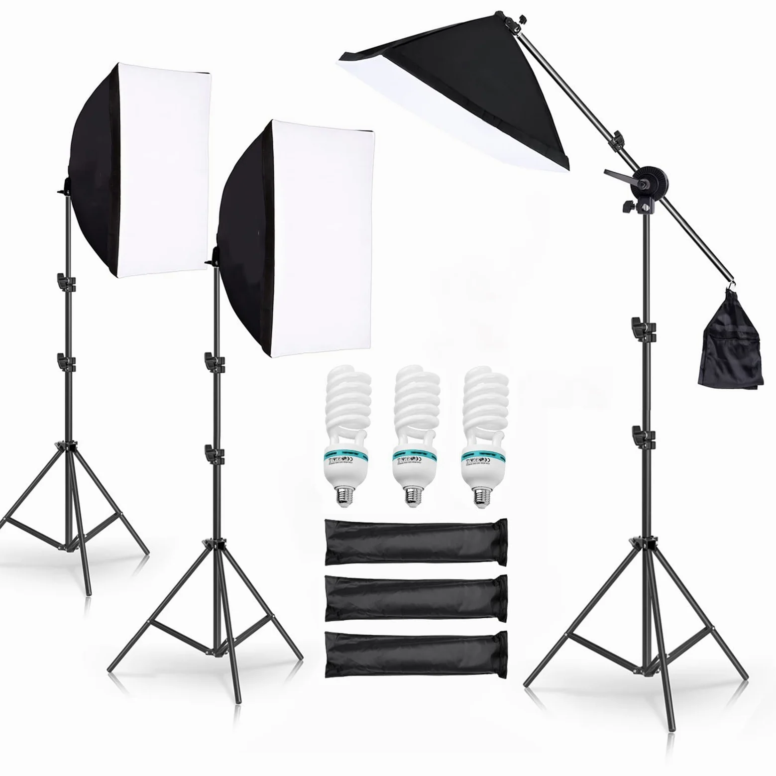 Andoer Softbox Set Fotostudio, 3 x 50 x 70 cm, Softbox Leuchtungsset mit 3 135W Fotolampe 3 2M Lichtstativ, Auslegerarm für YouTube, Tiktok Videoaufnahmen, Studio Reträts, Fotografie
