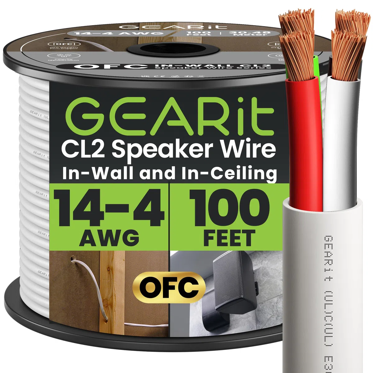 GearIT Pro Series 14 calibre 4 conductores CL2 calificado 14 AWG OFC cable para altavoz en pared 100 Feet / 30.48 Meters blanco