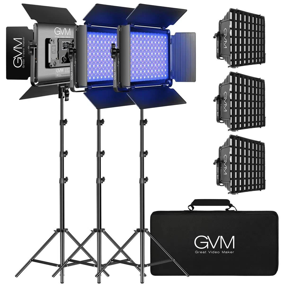 GVM Great Video Maker Luz de vídeo LED RGB, iluminación de fotografía con control de aplicación, kit de iluminación de video 1000D para YouTube Studio, 3 paquetes de luz de panel LED, 3200K5600K, 8