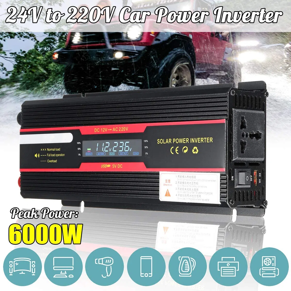 Inversor,Inversor de Coche Inversor del Coche de 12V 220V 6000W de Potencia máxima Solar inversor de la Pantalla CC 12 / 24V a AC 110V / 220V de Onda sinusoidal modificada del convertidor(24V 110V)