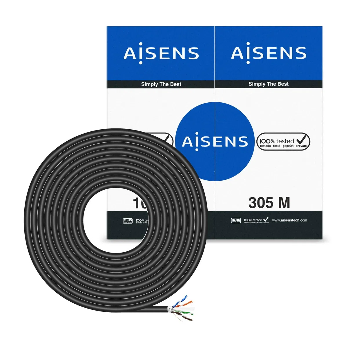 AISENS - A135-0674 - Cable de Red Exterior Impermeable RJ45 Cat.6 FTP Rigido AWG24, Negro, 305M