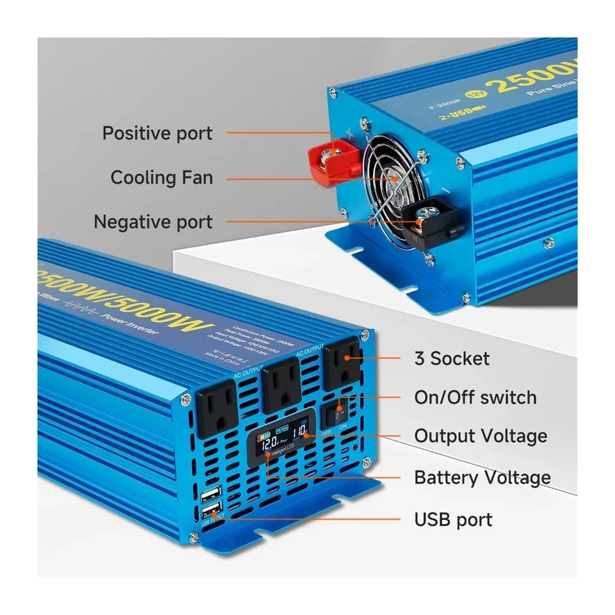 Convertidor Inversor Transformador Convertidor De Potencia De 60 Hz Inversor De Onda Sinusoidal Pura CC 12 V/24 V A CA 110 V Pantalla LED Inteligente para Coche/Caravana
