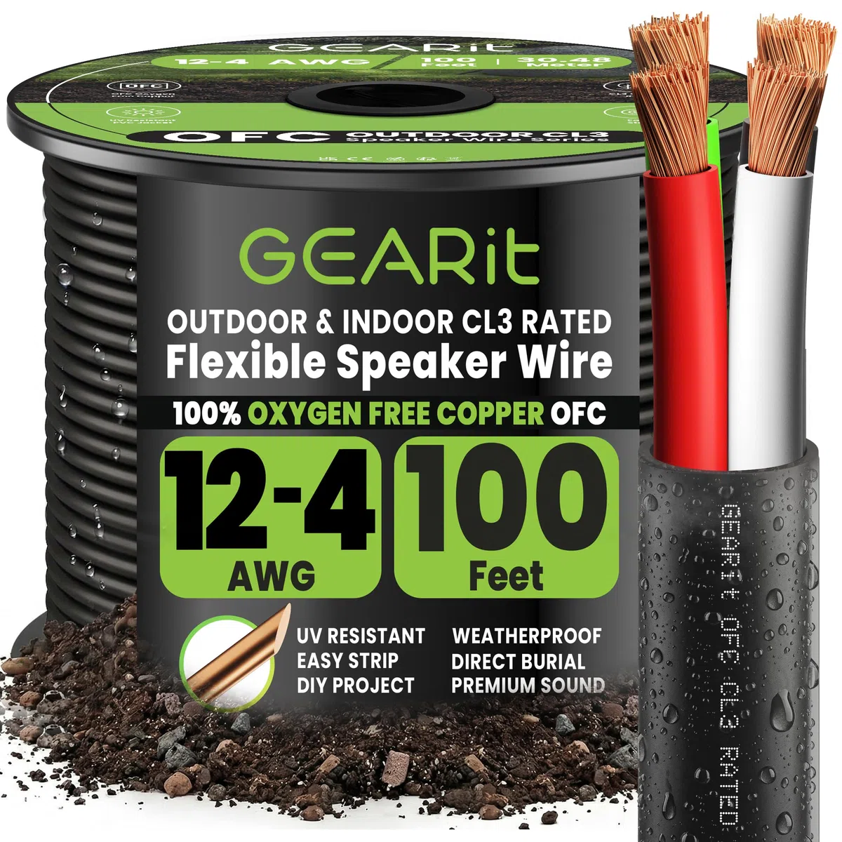 GearIT Pro Series - Cable de altavoz de calibre 12 de 4 conductores (30 metros), 12 AWG OFC (99.9% cobre libre de oxígeno) cable de altavoz CL3 clasificado para uso en entierros directos al aire