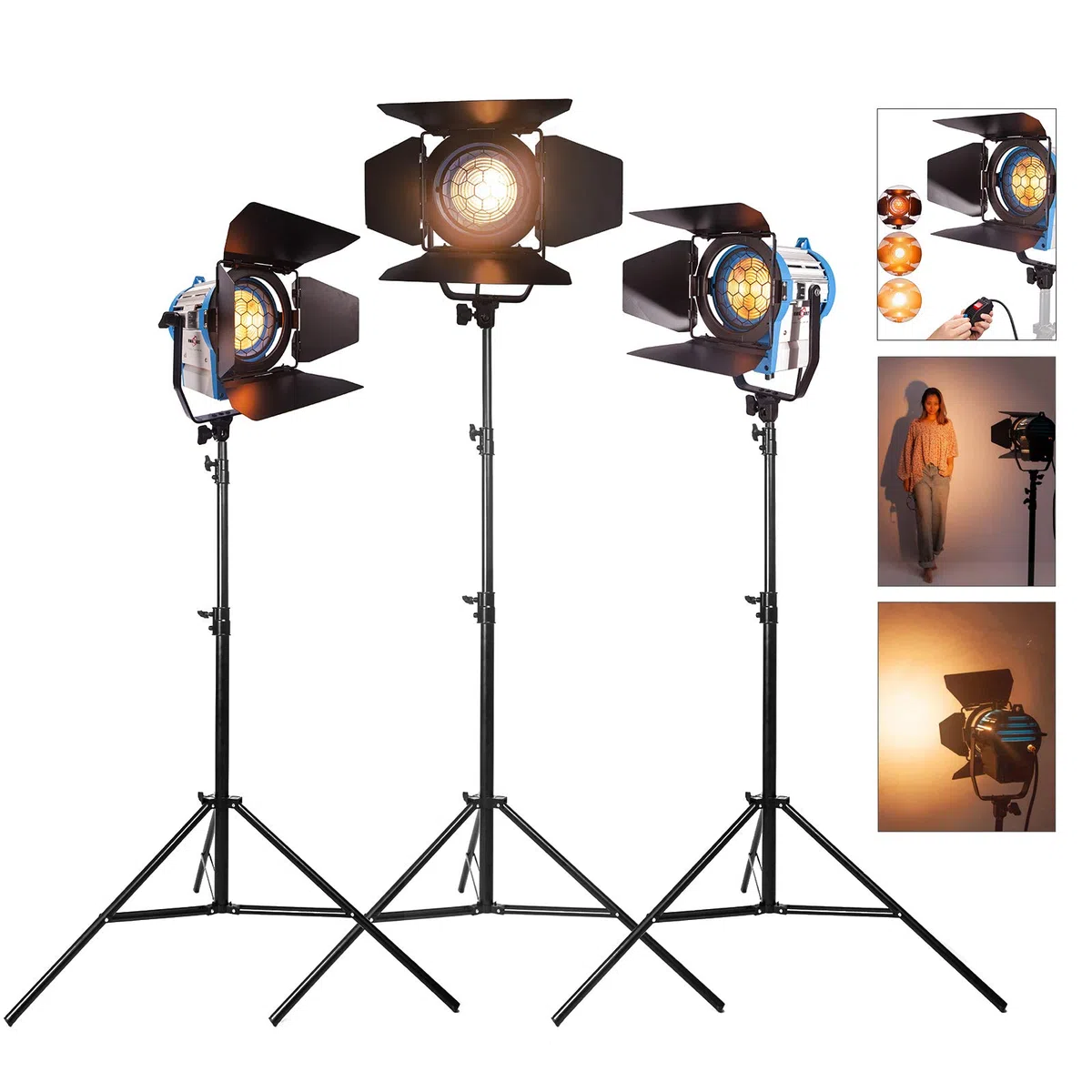 650W Película de Fresnel de Tungsteno Foco Iluminación del Estudio de Vídeo Barndoor Enfoque Regulador 3sets