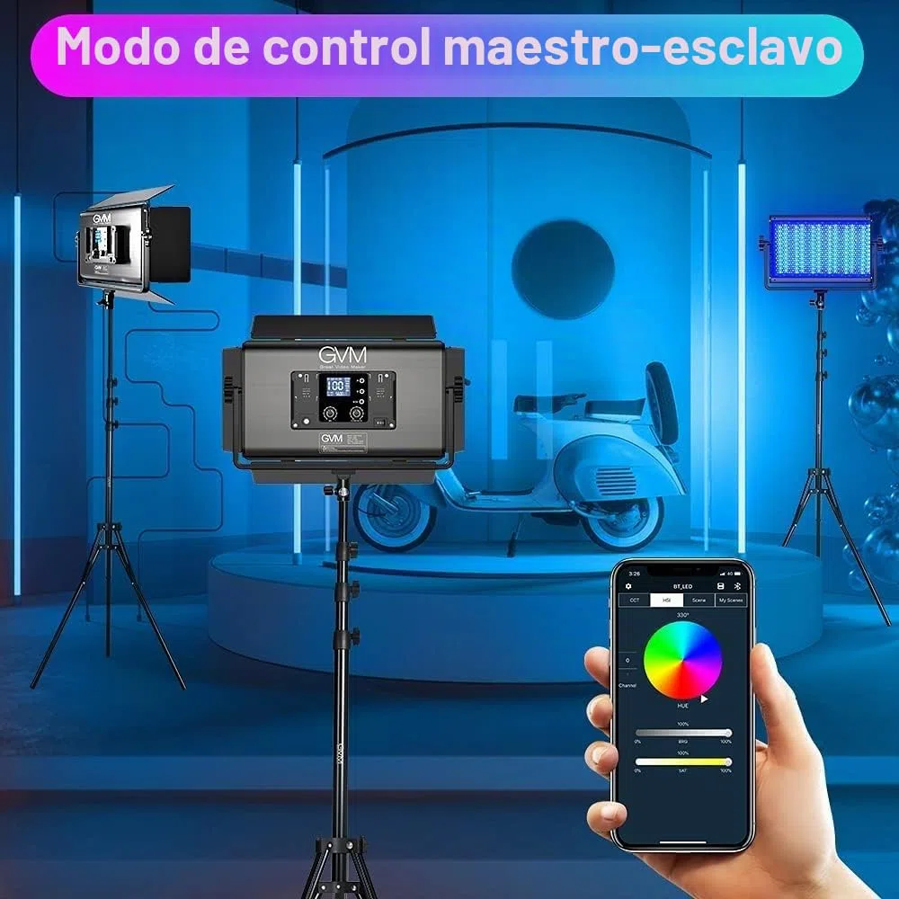 GVM Panel de luz de vídeo RGB 1500D con trípode de luz, 3 unidades de 75 W LED de fotografía de 27000 lux/0,5 m, 3200 K-5600 K, luz de estudio para YouTube Film Streaming, 18 efectos de luz, control