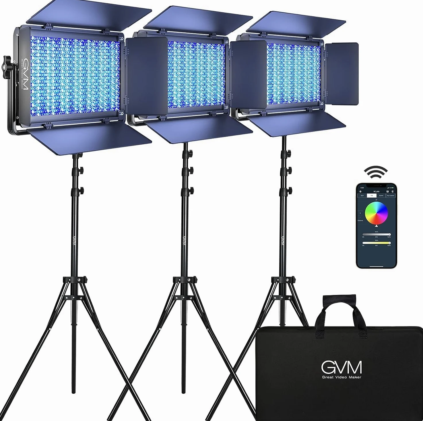 GVM Panel de luz de vídeo RGB 1500D con trípode de luz, 3 unidades de 75 W LED de fotografía de 27000 lux/0,5 m, 3200 K-5600 K, luz de estudio para YouTube Film Streaming, 18 efectos de luz, control