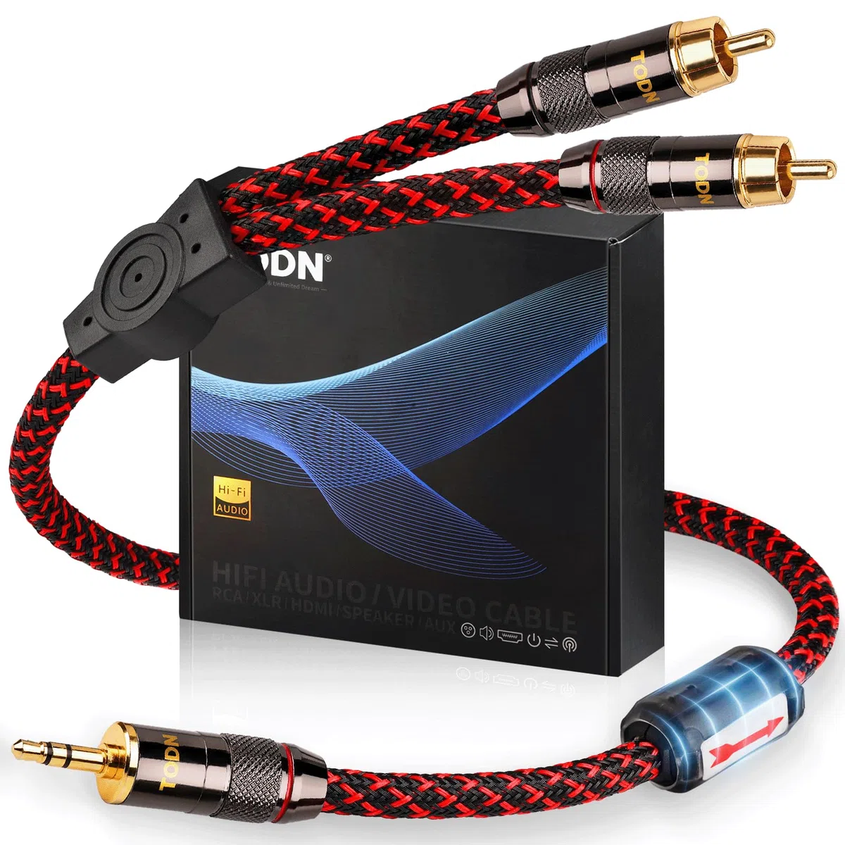 TODN Audiophiles - Cable de audio RCA a 3,5 mm con OFC de 4 núcleos, cable RCA a AUX blindado para smartphone/tabletas a altavoz/amplificadores/estéreo (1,5 m)