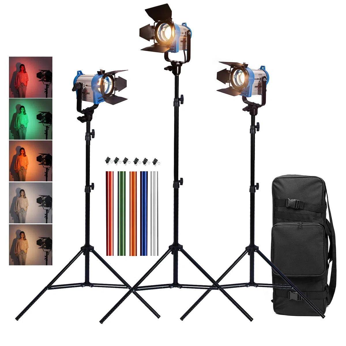 Kit Fresnel de Tungsteno Iluminación Continua Mandarina, 3x150W Spotlight, Bombilla Halógena, Filtro de Gelatina, Abrazaderas, Soporte de luz y Bolsa de Trípode para Foto Estudio Vídeo