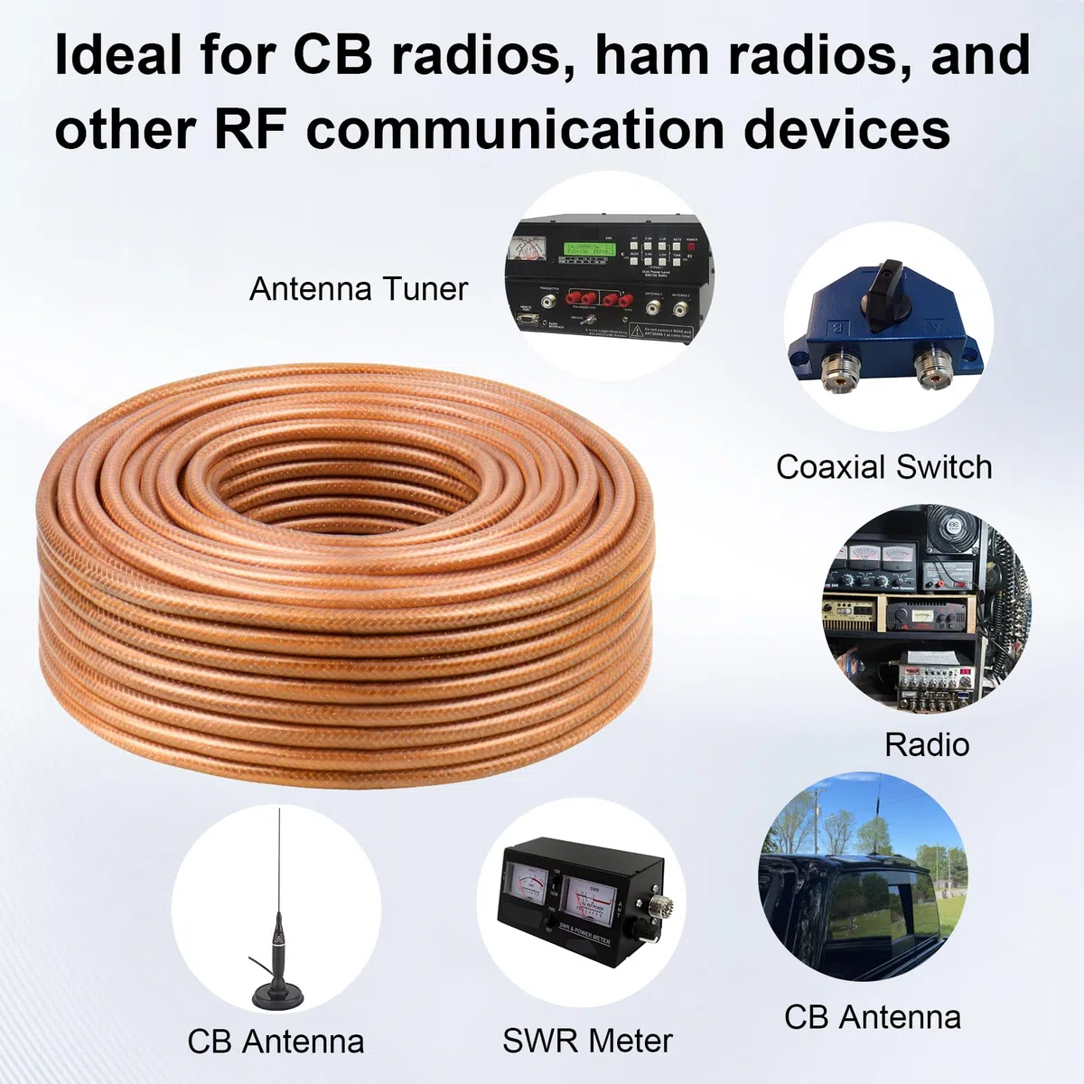 Cable coaxial RG8X de 200 pies, baja pérdida de 50 ohmios, conductor de cobre sólido, blindaje duradero con cubierta de PVC, ideal para antenas, radio jamón, radio CB y aplicaciones de RF