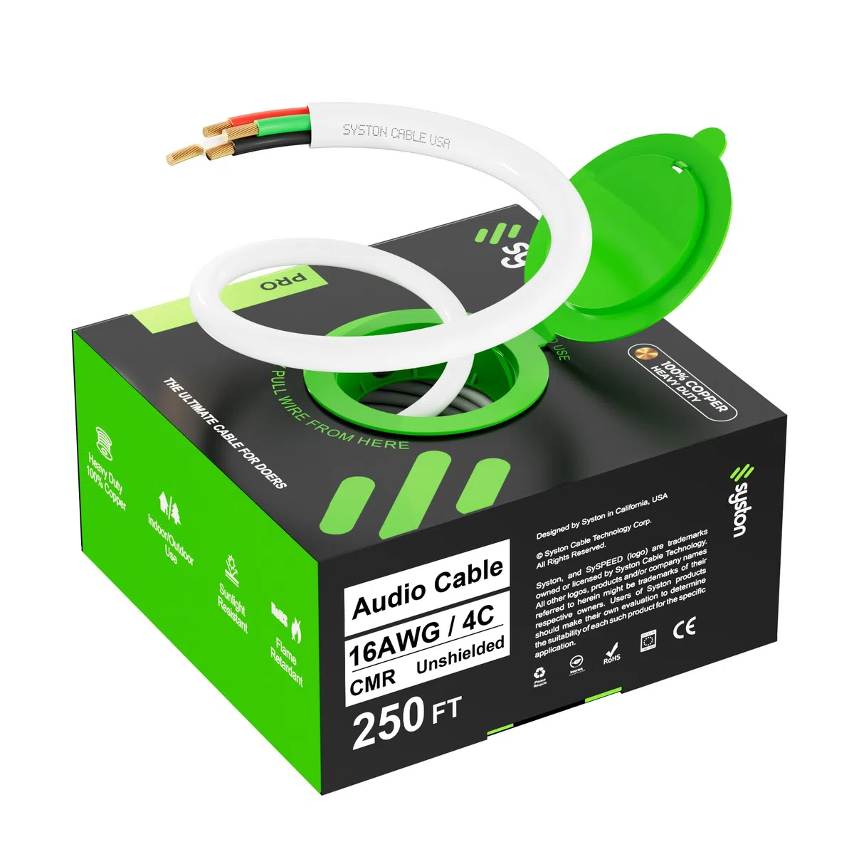 SYSTON - Cable de audio para altavoz 16/4 a granel, 16 AWG, 4C hebra OFC, conductores de cobre sin oxígeno, clasificación CMR para interiores y exteriores, resistente a los rayos UV, cumple con RoHS
