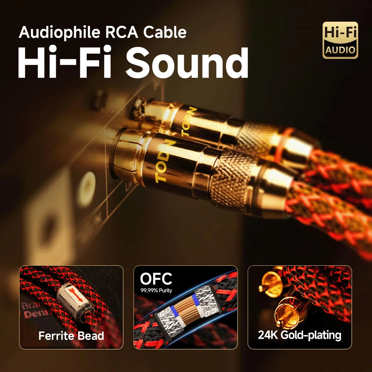TODN Audiophiles - Cable de audio RCA a 3,5 mm con OFC de 4 núcleos, cable RCA a AUX blindado para smartphone/tabletas a altavoz/amplificadores/estéreo (1,5 m)