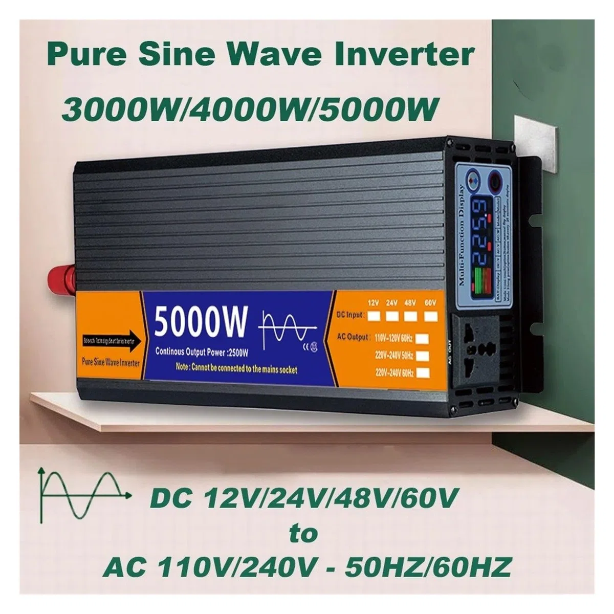 Inversor Onda Sinusoidal Pura con Transformador Voltaje Pantalla LCD Solar CC 12 V/24 V/48 V/60 V A CA 110 V/220 V 2000 W 3000 W 4000 W 5000 W(24V,220V-230V 50HZ,4000W)