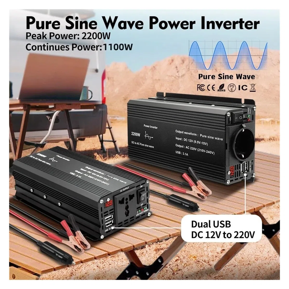 Convertidor Inversor Transformador Inversor Onda Sinusoidal Pura 1000W/1500W/2200W/2600W/3000W CC 12 V A CA 220 V Voltímetro LED Transformador Enchufe Universal UE(12V 60Hz,Universalm,2200W)
