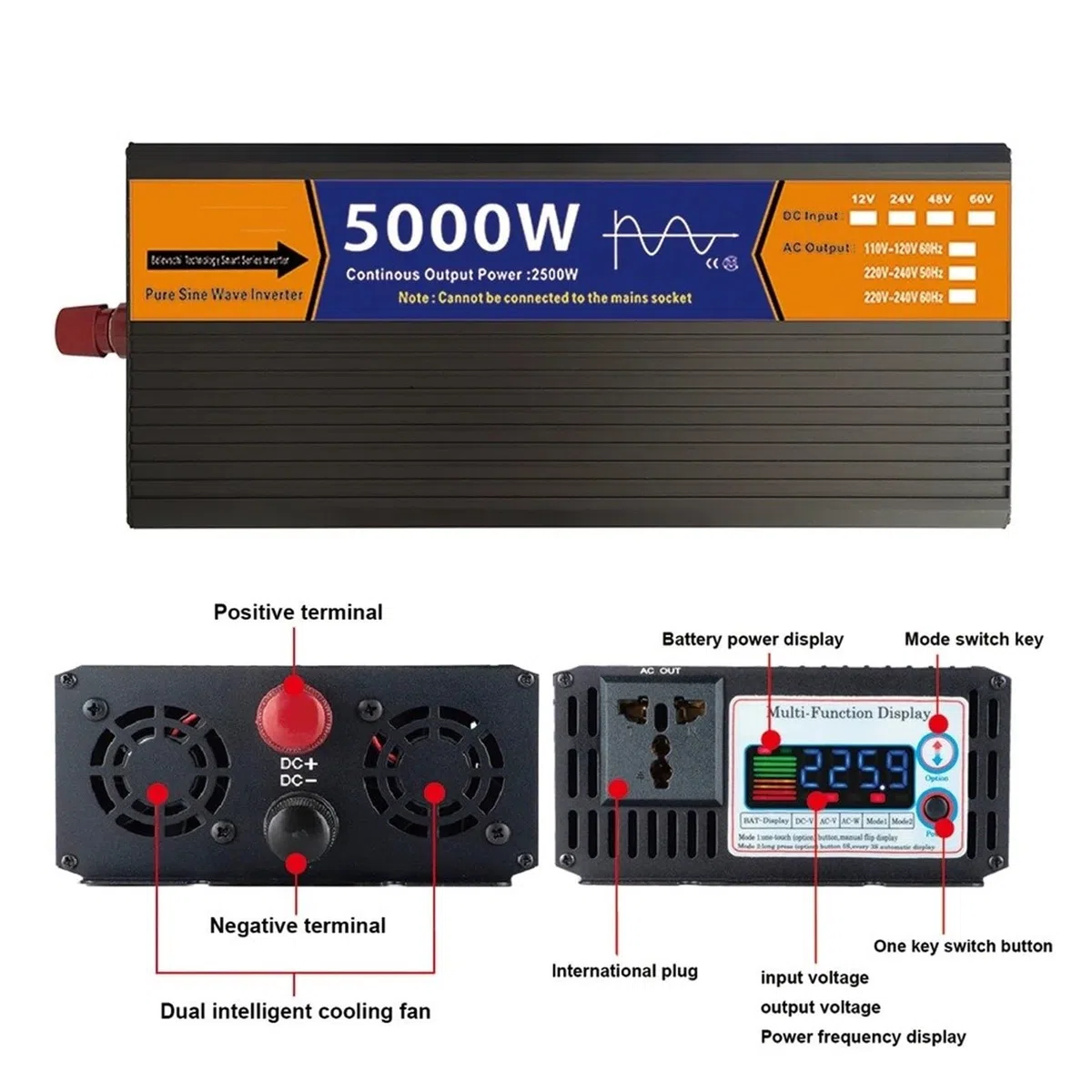 Inversor Onda Sinusoidal Pura con Transformador Voltaje Pantalla LCD Solar CC 12 V/24 V/48 V/60 V A CA 110 V/220 V 2000 W 3000 W 4000 W 5000 W(24V,220V-230V 50HZ,4000W)