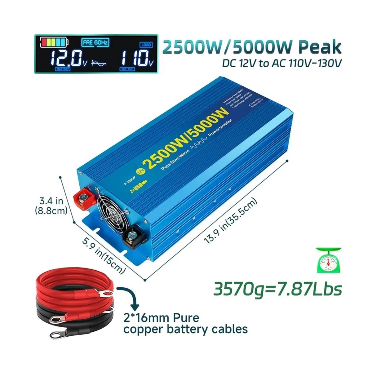 Convertidor Inversor Transformador Convertidor De Potencia De 60 Hz Inversor De Onda Sinusoidal Pura CC 12 V/24 V A CA 110 V Pantalla LED Inteligente para Coche/Caravana