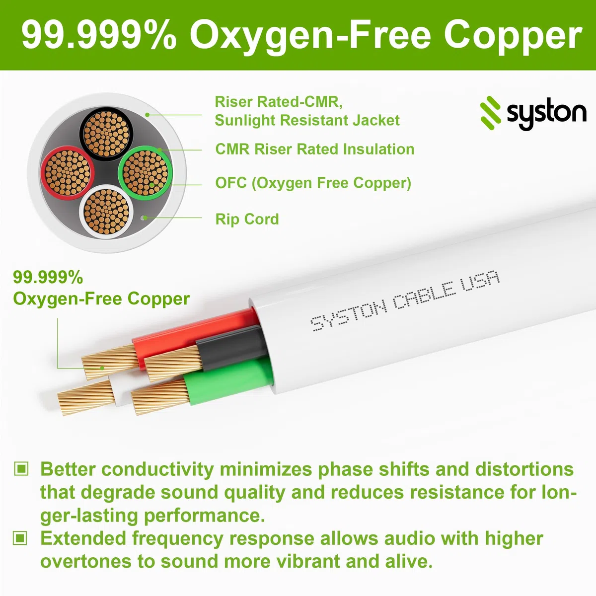 SYSTON - Cable de audio para altavoz 16/4 a granel, 16 AWG, 4C hebra OFC, conductores de cobre sin oxígeno, clasificación CMR para interiores y exteriores, resistente a los rayos UV, cumple con RoHS