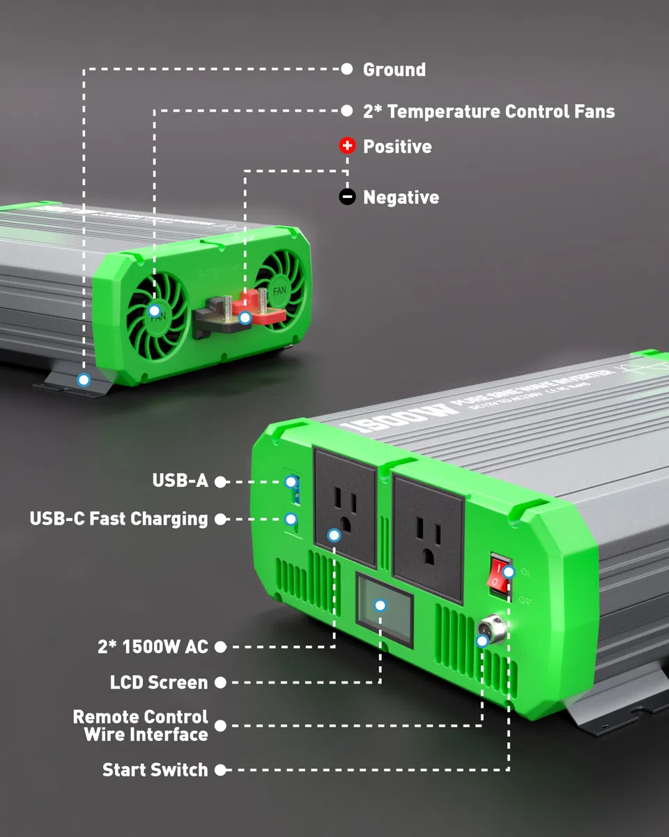 ERAYAK Inversor 12v 230v Onda Pura 1500W/3000W Convertidor de Corriente Conversor 12v a 220v Transformador con Control Remoto para Coche Camion